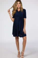 PinkBlush Navy Maternity Nursing Dress with Waist Tie for Expecting Mothers - 