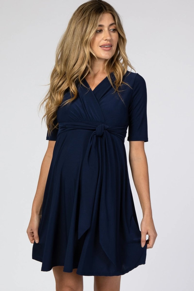 PinkBlush Navy Maternity Nursing Dress with Waist Tie for Expecting Mothers - 