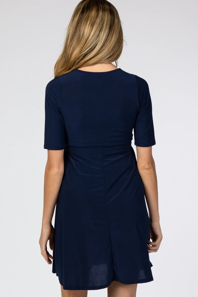 PinkBlush Navy Maternity Nursing Dress with Waist Tie for Expecting Mothers - 