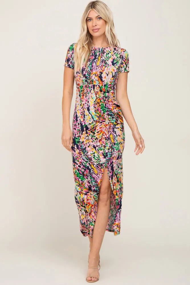 PinkBlush Navy Multi - Color Floral Side Slit Maxi Dress - 