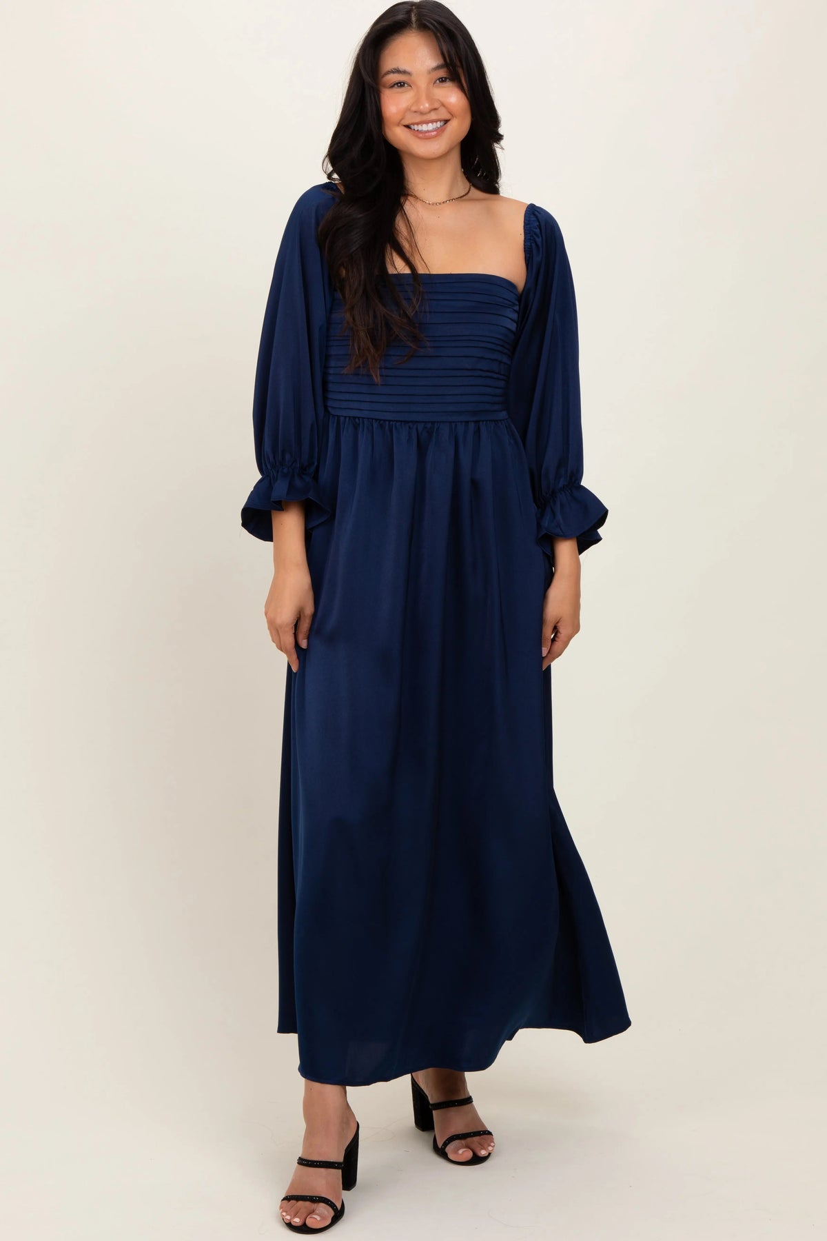 PinkBlush Navy Off Shoulder Satin Pleated Bodice Maternity Maxi Dress - 