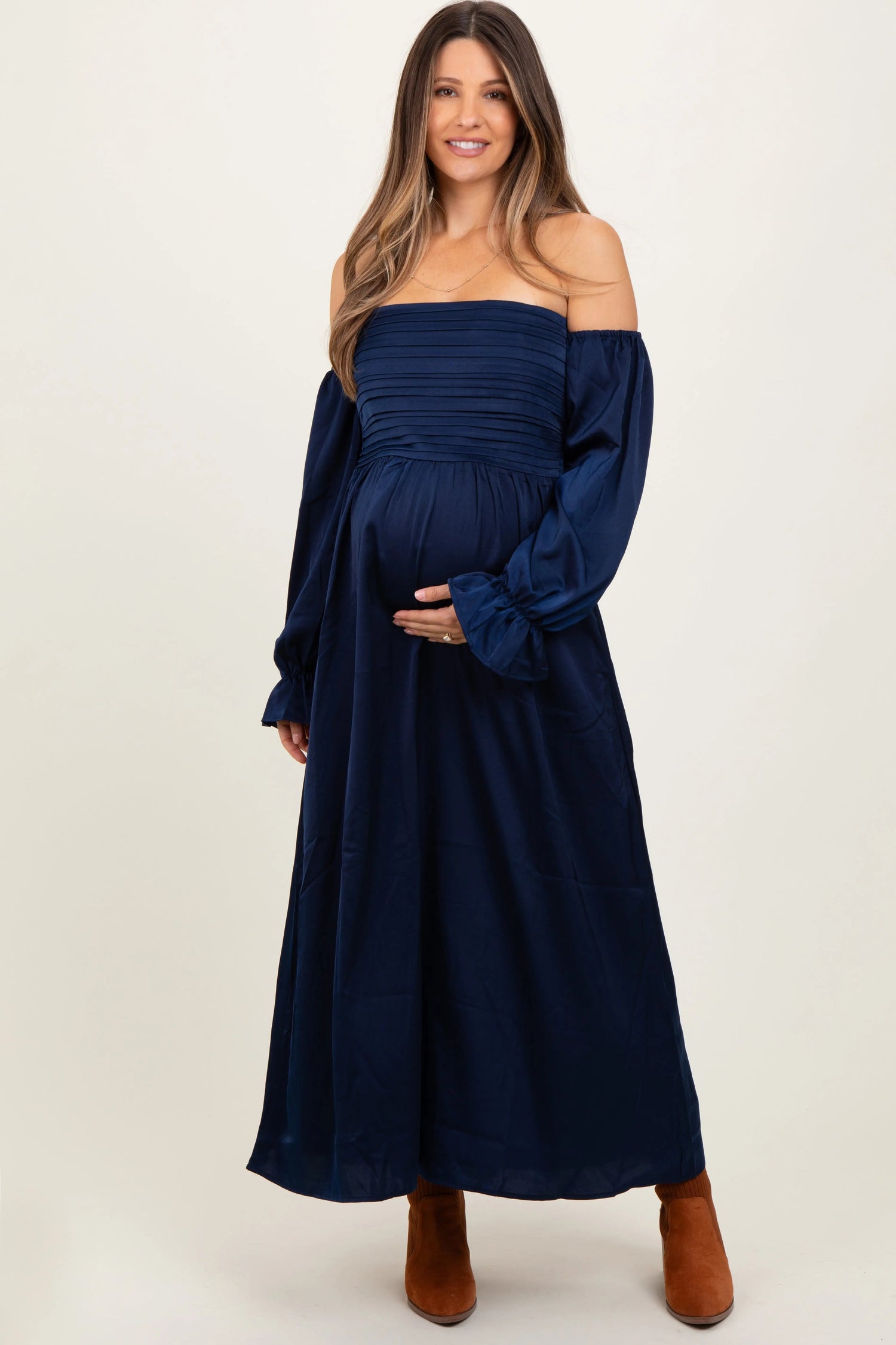 PinkBlush Navy Off Shoulder Satin Pleated Bodice Maternity Maxi Dress - 
