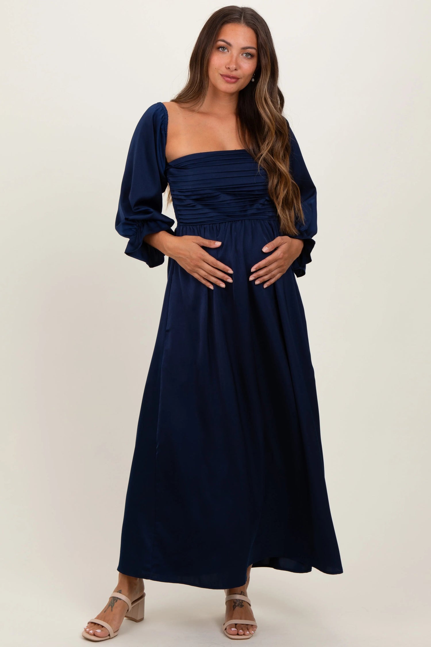 PinkBlush Navy Off Shoulder Satin Pleated Bodice Maternity Maxi Dress - 