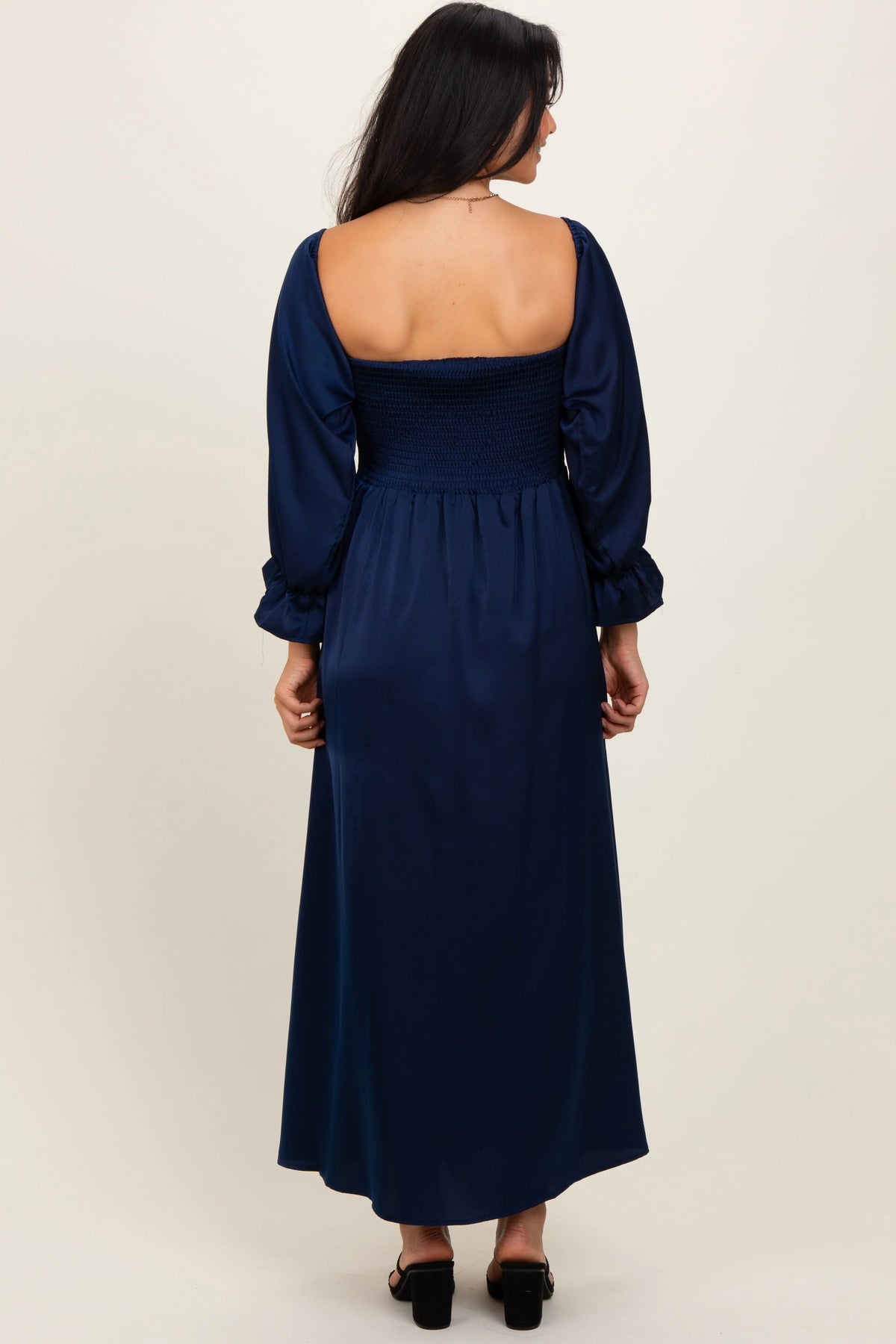 PinkBlush Navy Off Shoulder Satin Pleated Bodice Maxi Dress - 