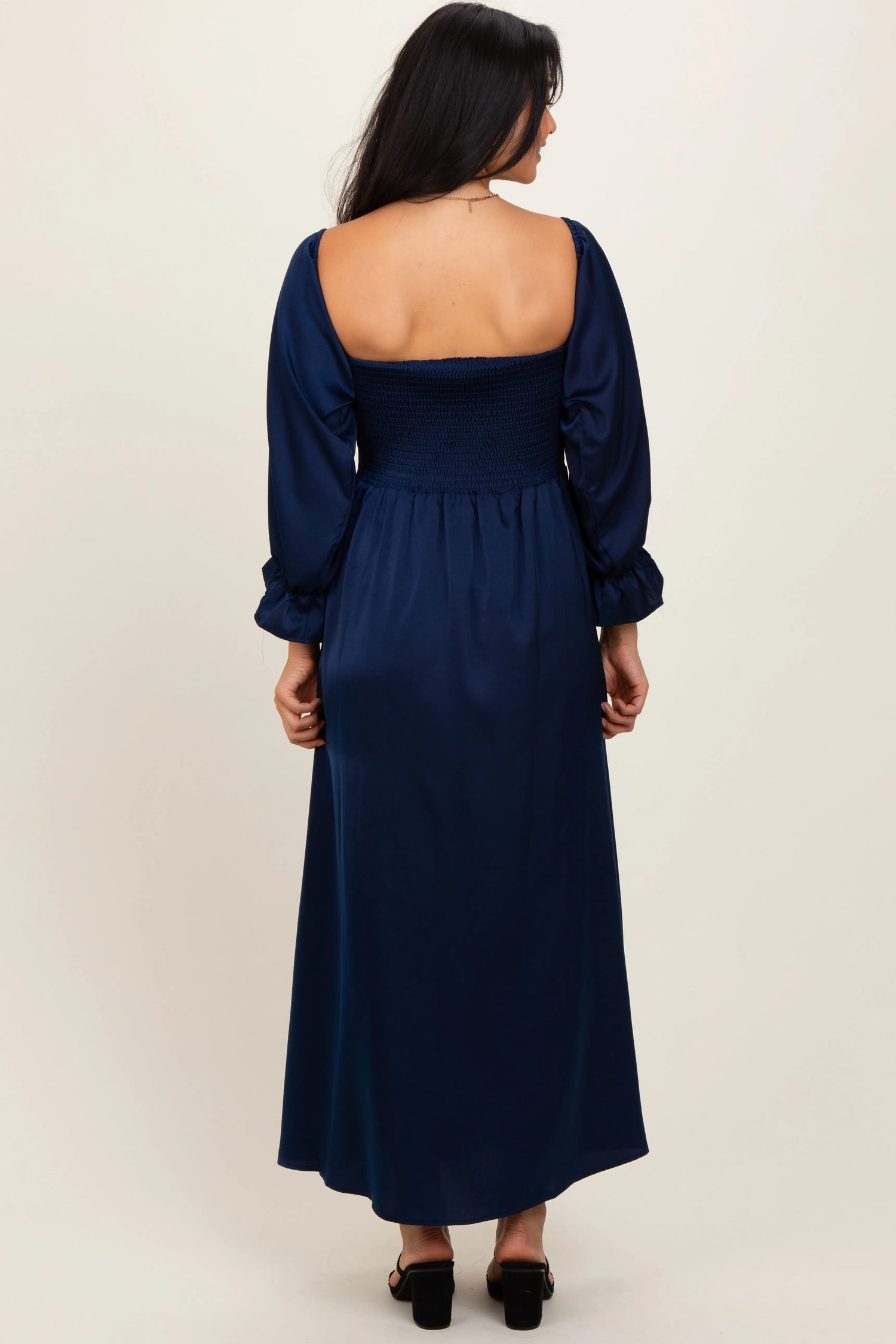 PinkBlush Navy Off Shoulder Satin Pleated Bodice Maxi Dress - 