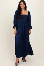 PinkBlush Navy Off Shoulder Satin Pleated Bodice Maxi Dress - 