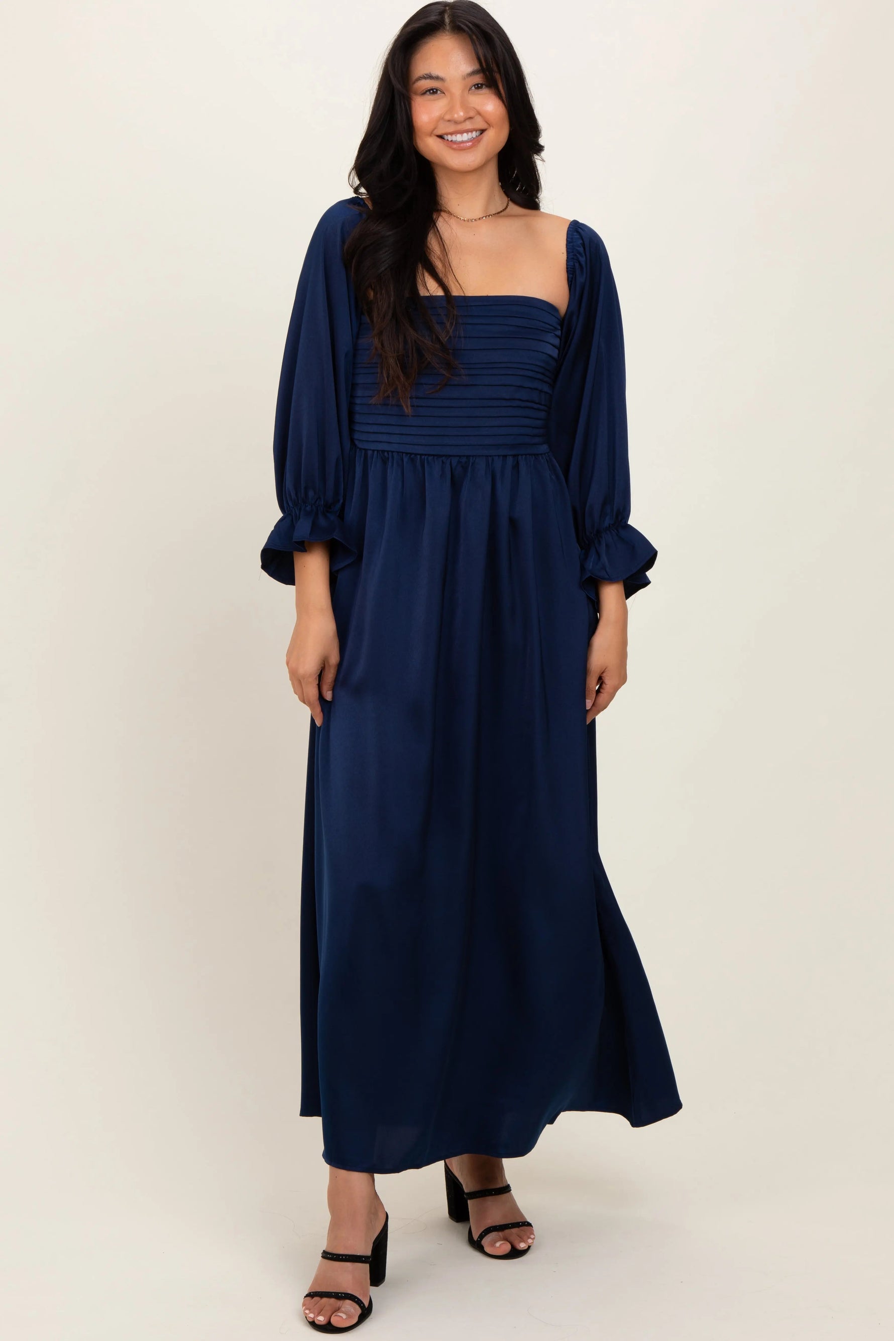PinkBlush Navy Off Shoulder Satin Pleated Bodice Maxi Dress - 