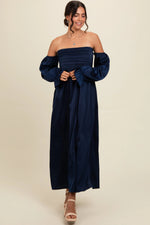 PinkBlush Navy Off Shoulder Satin Pleated Bodice Maxi Dress - 