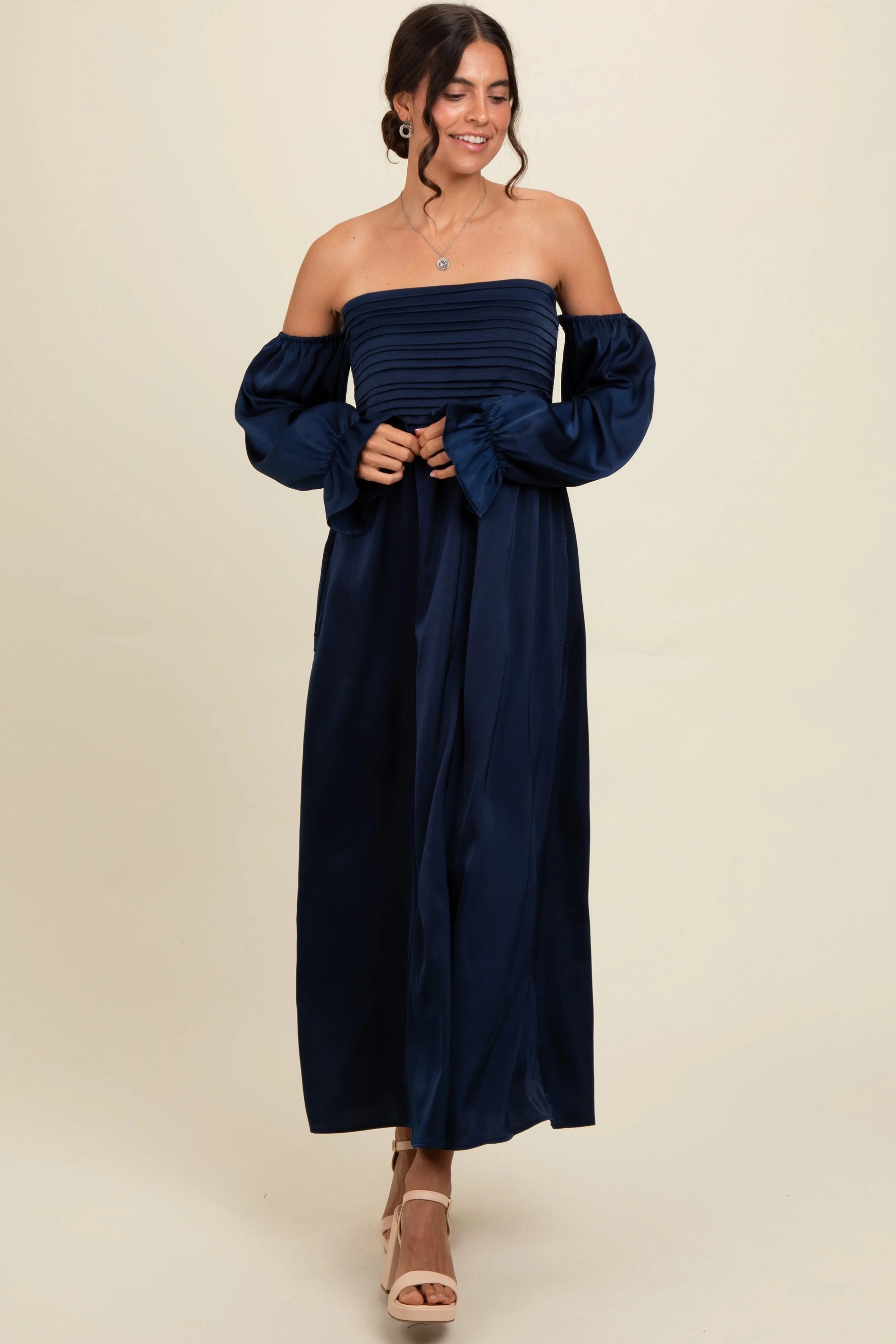 PinkBlush Navy Off Shoulder Satin Pleated Bodice Maxi Dress - 