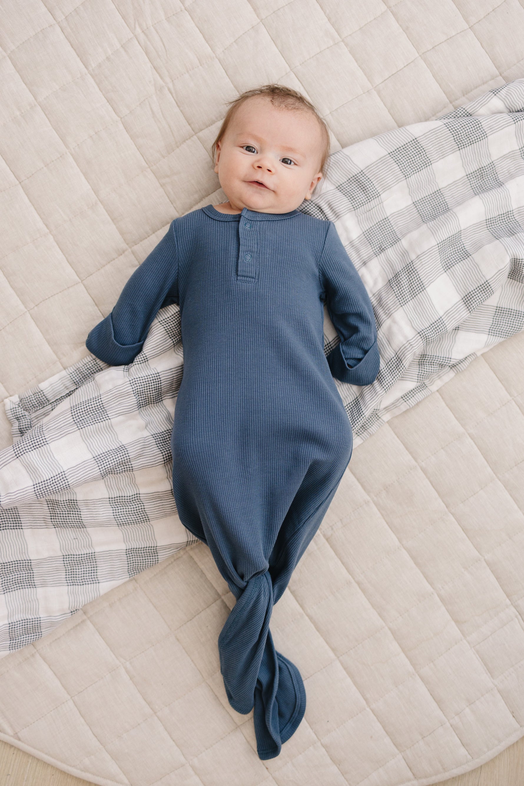 Mebie Baby Navy Organic Cotton Ribbed Knot Gown - 