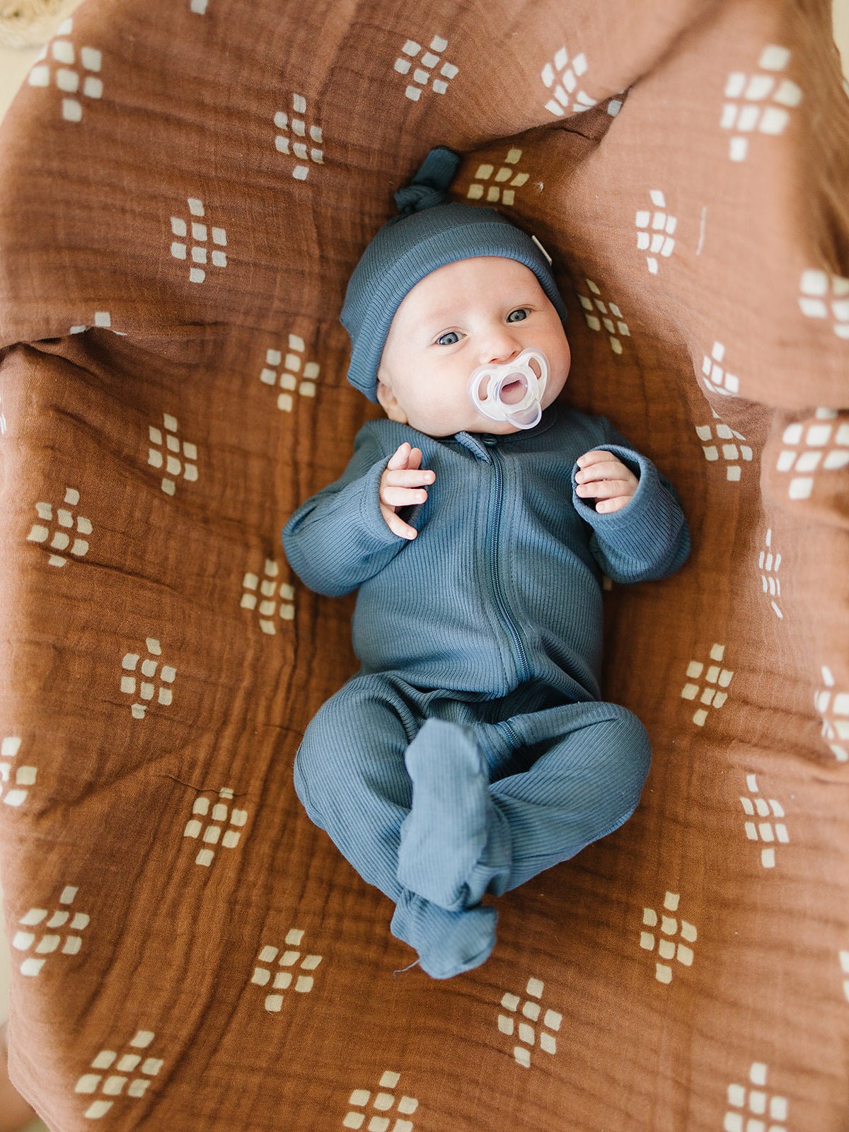 Mebie Baby Navy Organic Cotton Ribbed Zipper Footed Baby Pajamas With Dual Zippers - 