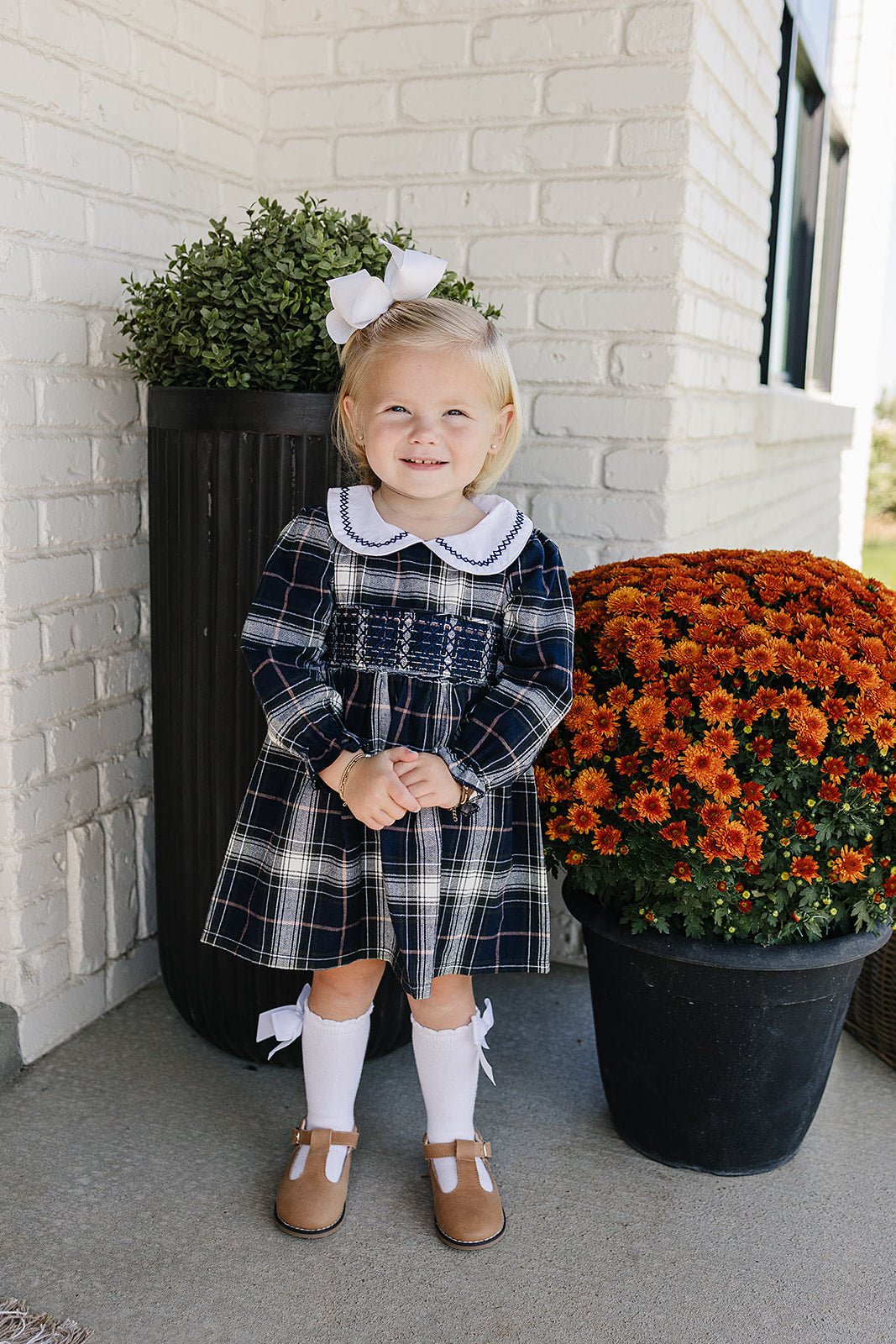 Mebie Baby Navy Plaid Smocked Peter Pan Collar Cotton Dress For Baby Girls - 
