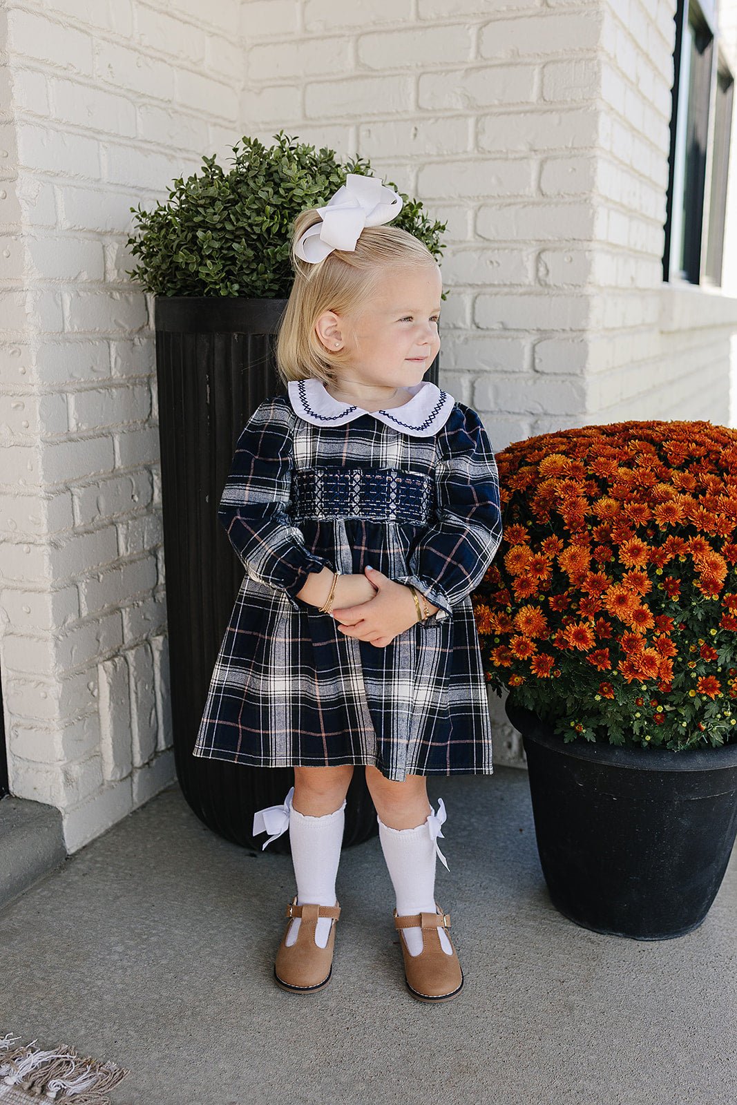 Mebie Baby Navy Plaid Smocked Peter Pan Collar Cotton Dress For Baby Girls - 
