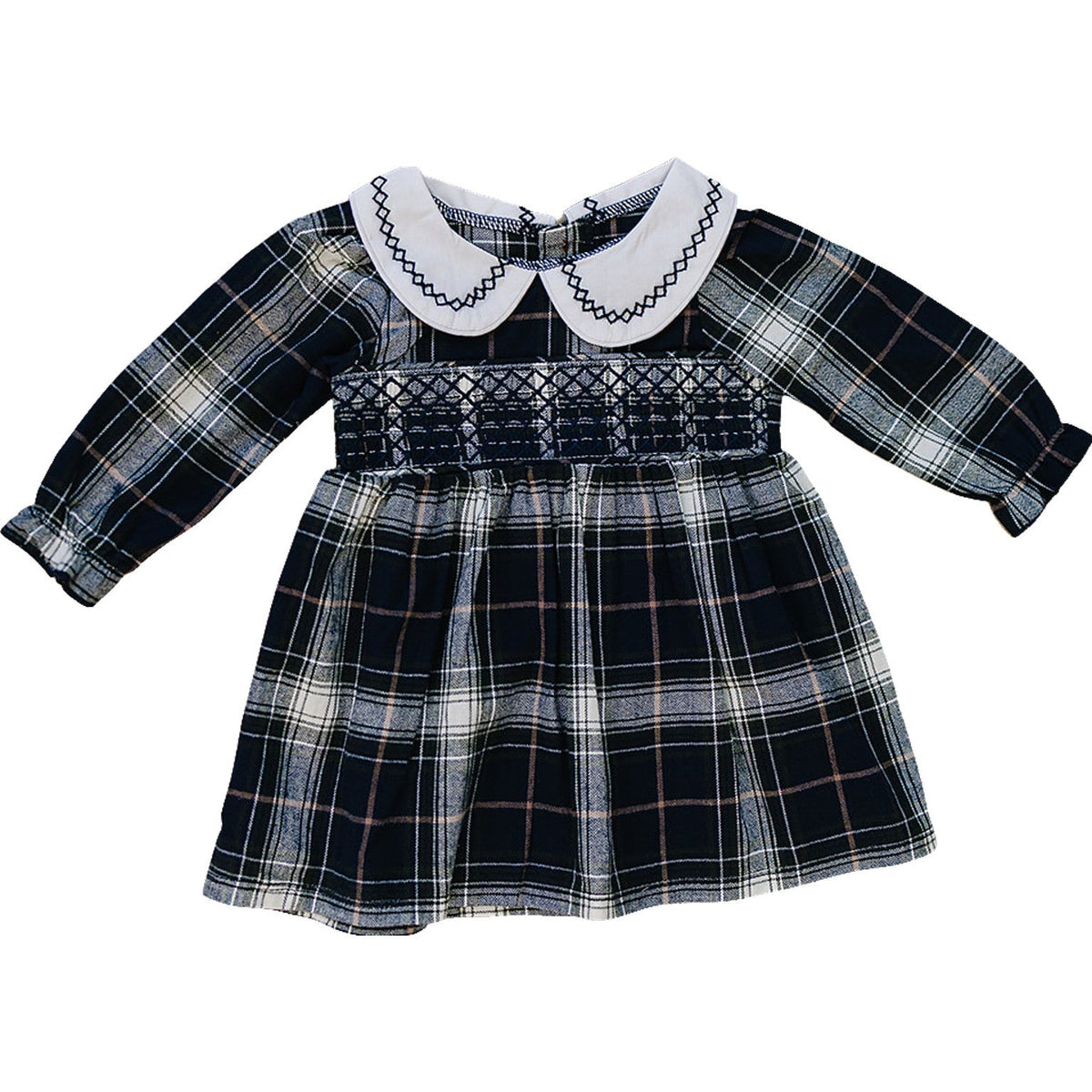 Mebie Baby Navy Plaid Smocked Peter Pan Collar Cotton Dress For Baby Girls - 