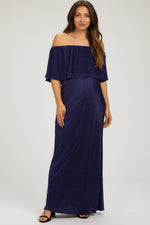 Navy Pleated Ruffle Off Shoulder Maternity Maxi Dress - Dress, Person, Shoe, Sandal | Everetts Place