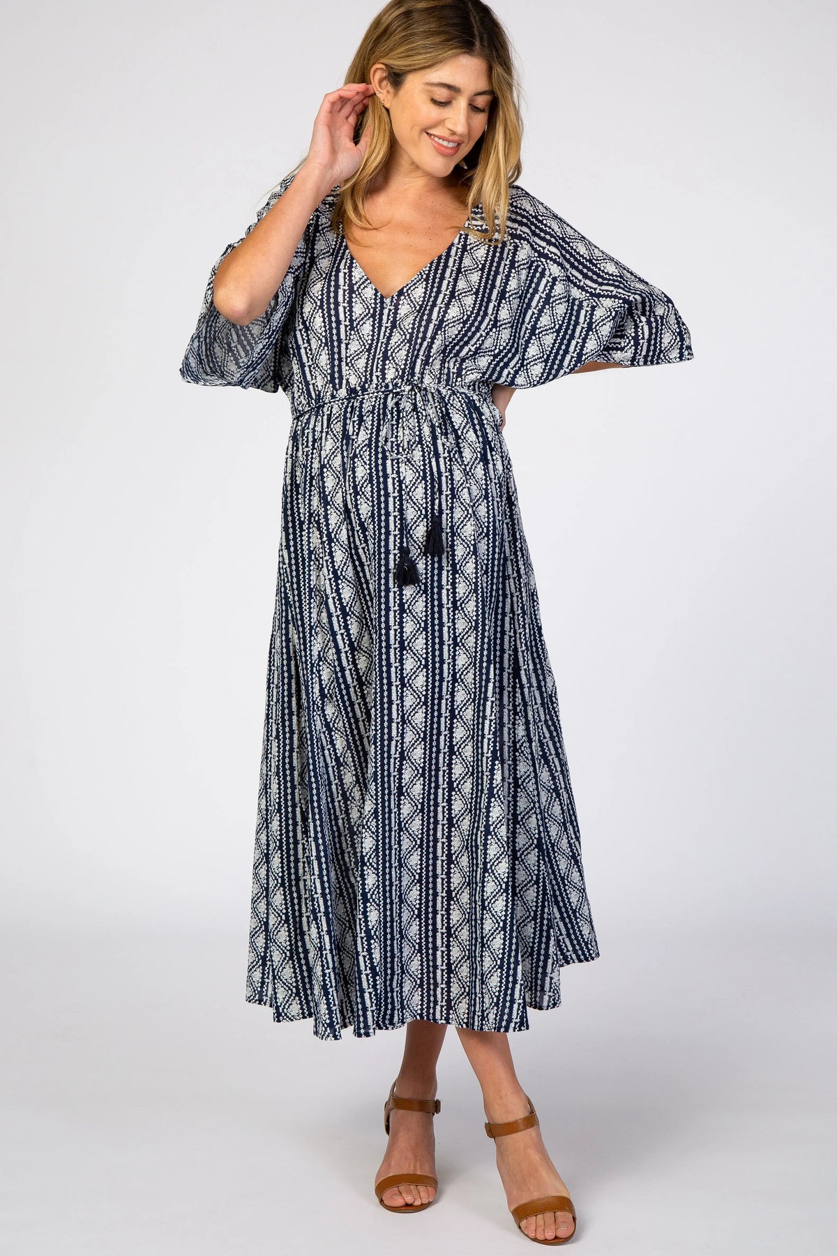 PinkBlush Navy Printed V - Neck Maternity Midi Dress - 