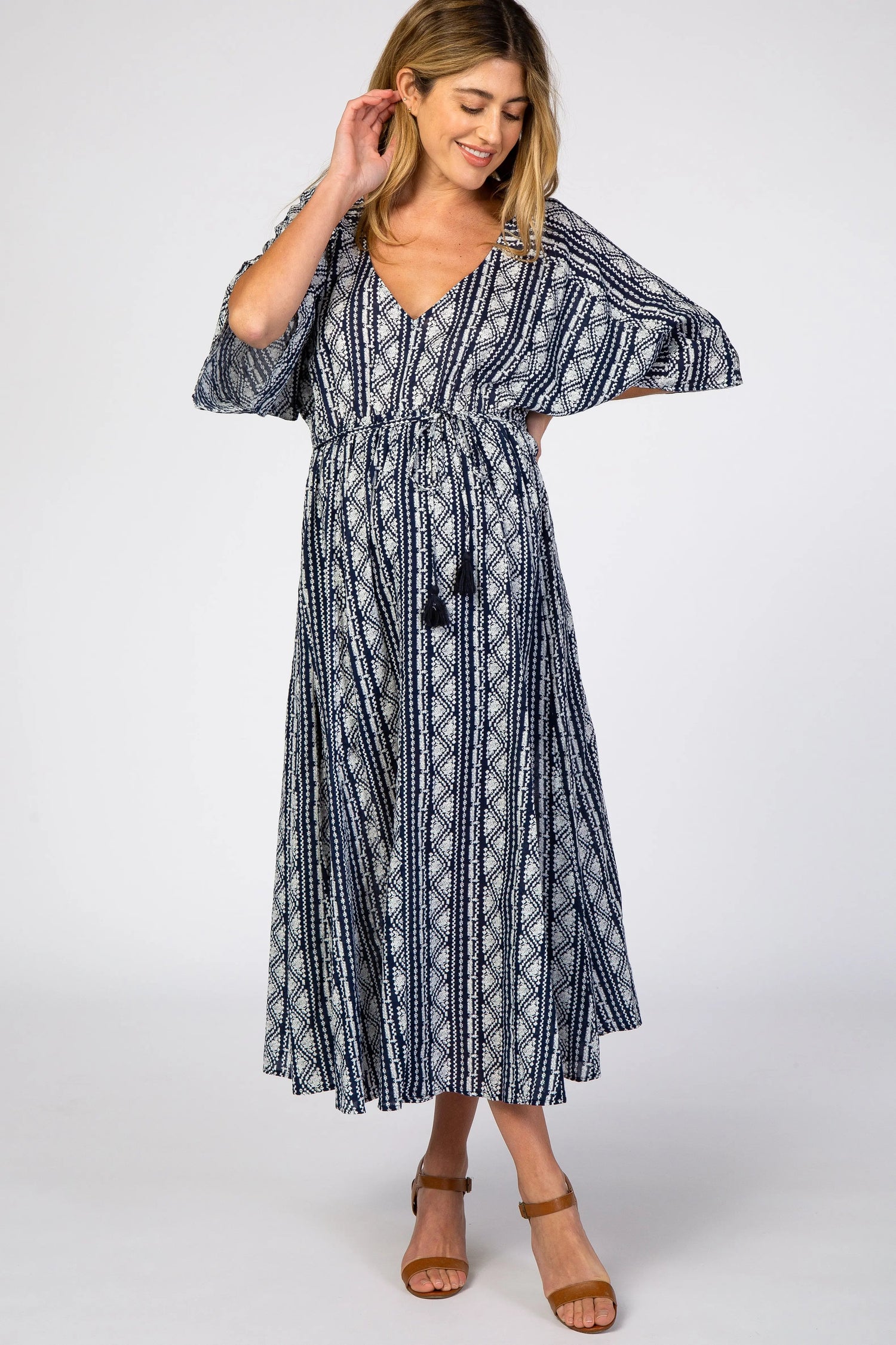 PinkBlush Navy Printed V - Neck Maternity Midi Dress - 