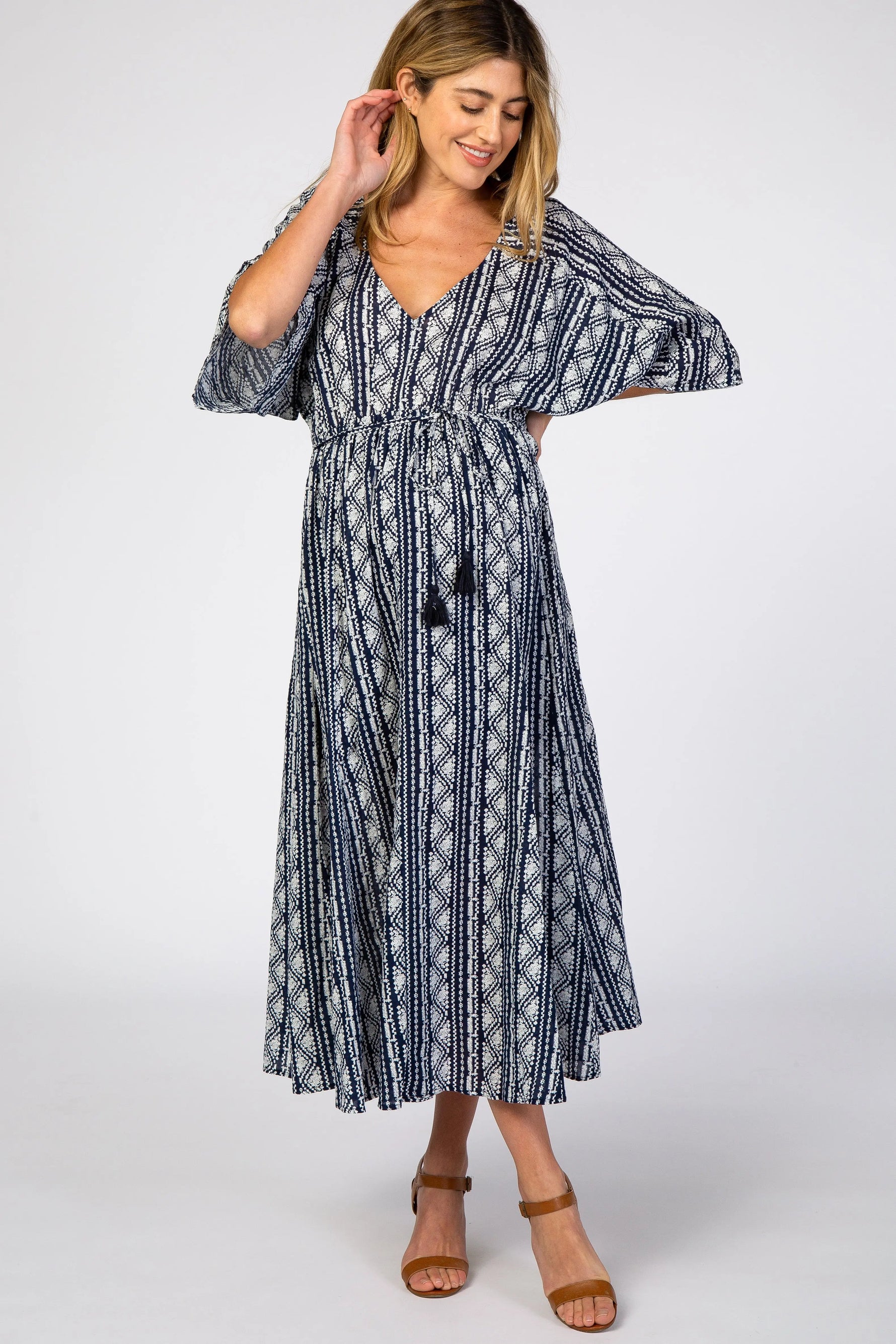 PinkBlush Navy Printed V - Neck Maternity Midi Dress - 