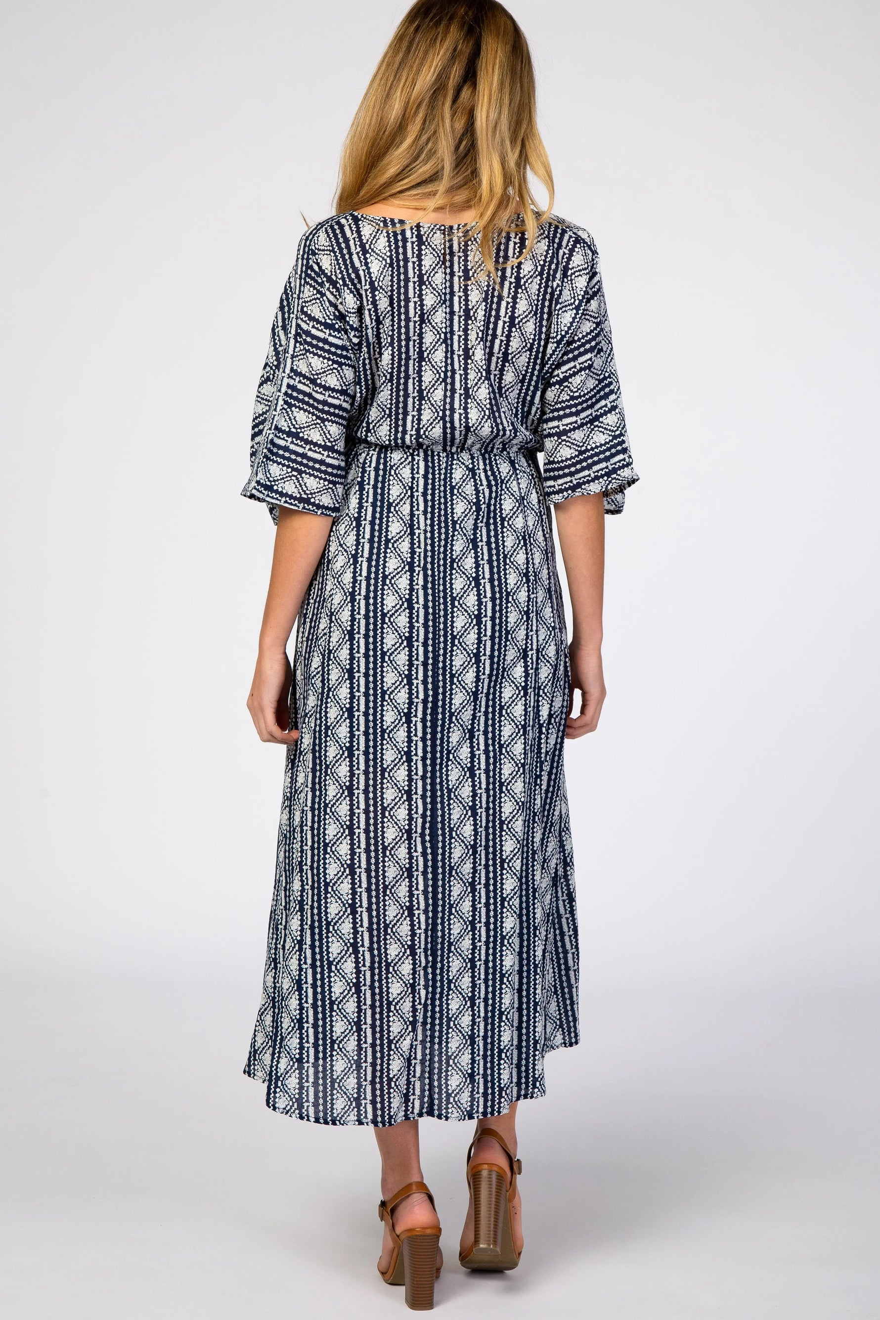 PinkBlush Navy Printed V - Neck Maternity Midi Dress - 