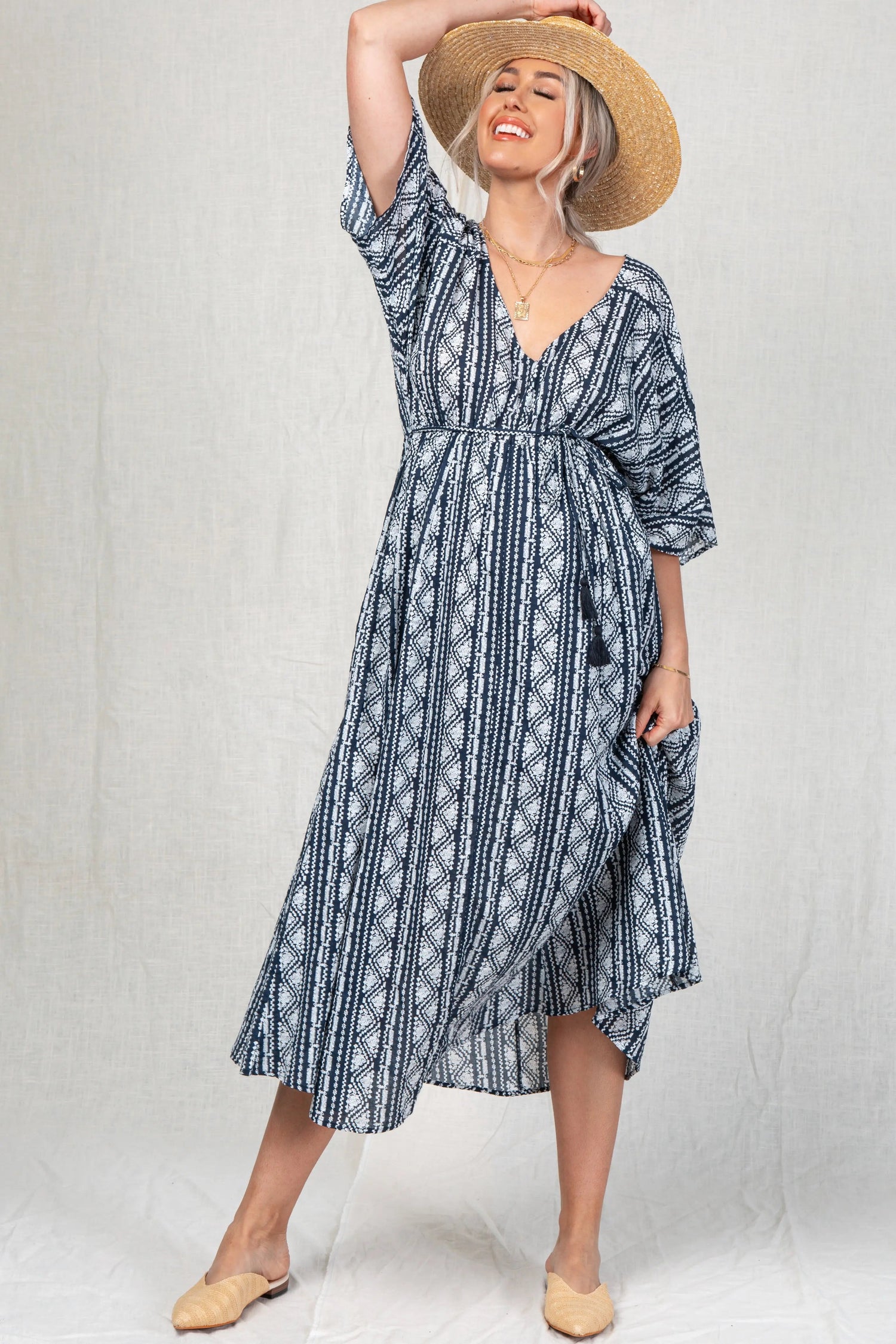 PinkBlush Navy Printed V - Neck Maternity Midi Dress - 