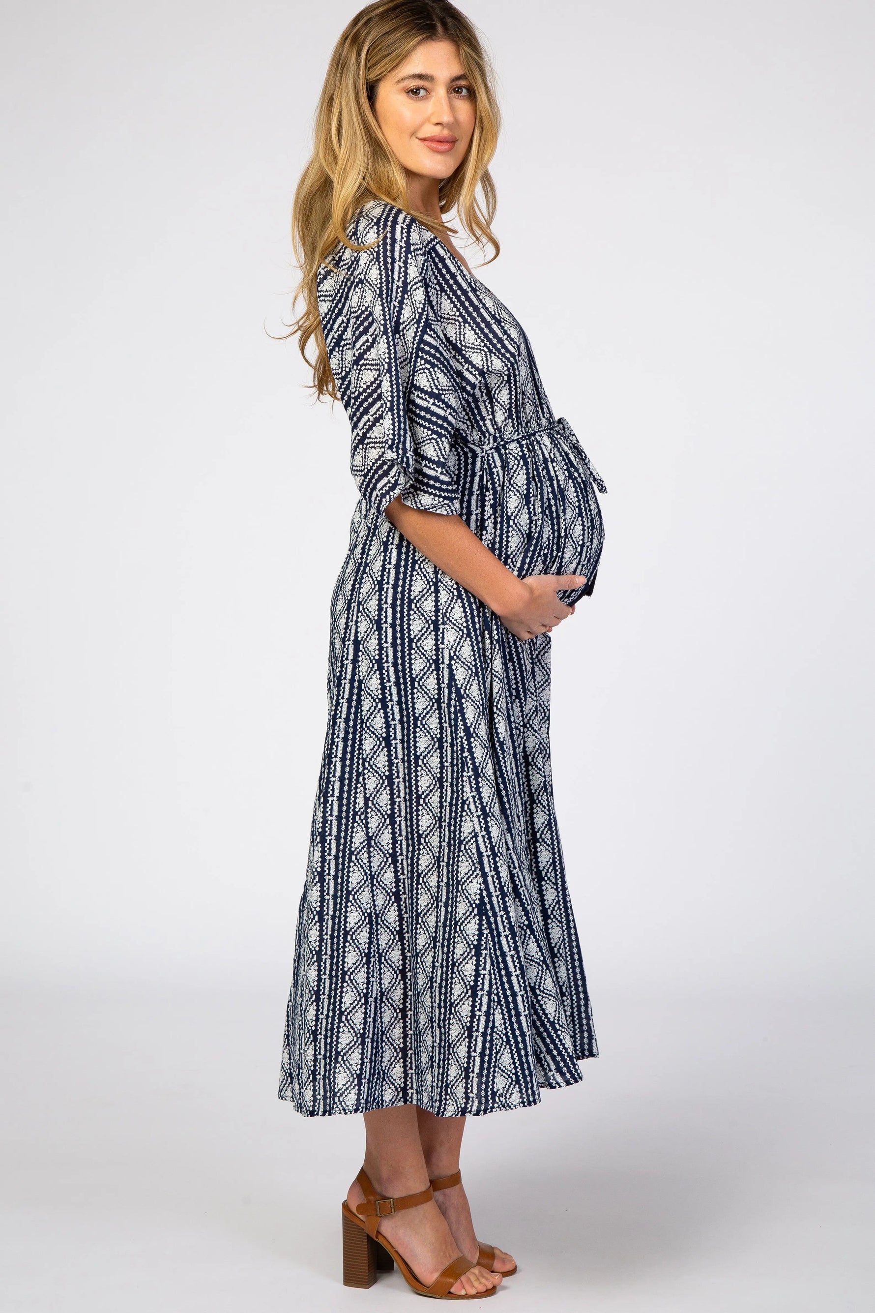 PinkBlush Navy Printed V - Neck Maternity Midi Dress - 