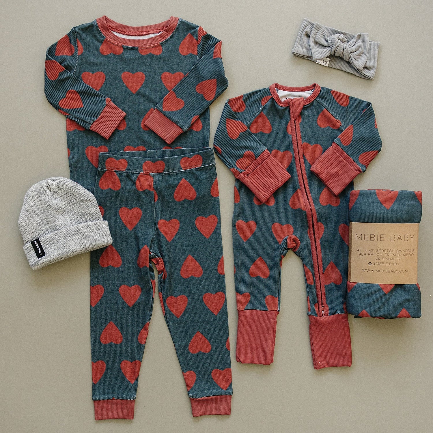 Mebie Baby Navy + Red Hearts Ribbed Bamboo Zipper - 