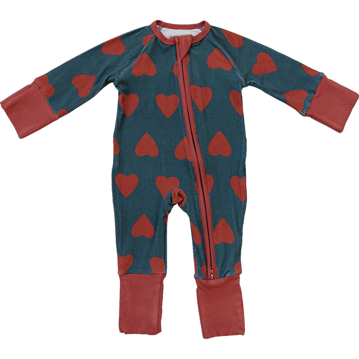 Mebie Baby Navy + Red Hearts Ribbed Bamboo Zipper - 