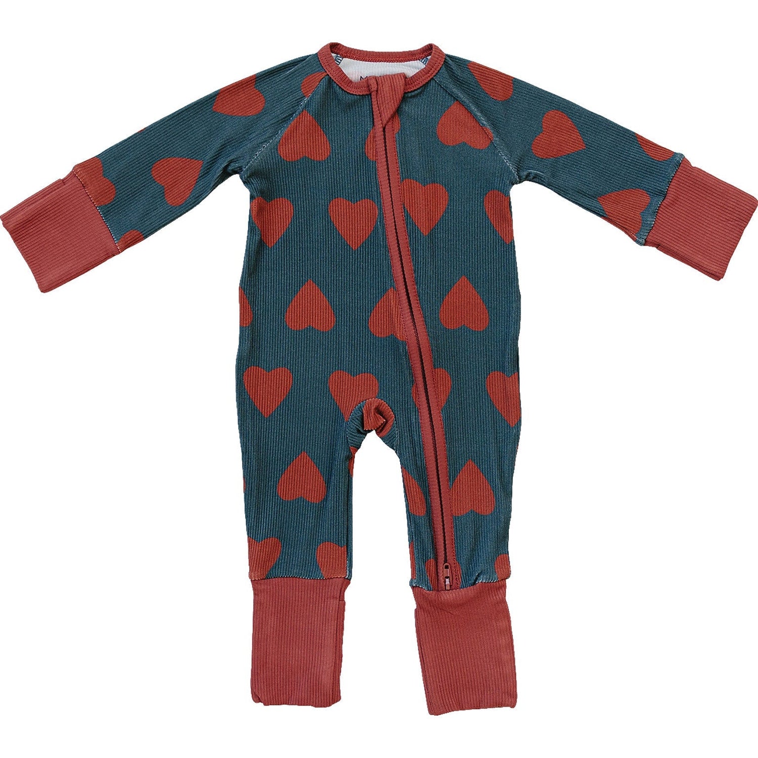Bamboo zipper sleeper in navy with a red and navy heart pattern, double zipper, and covered foot cuffs.