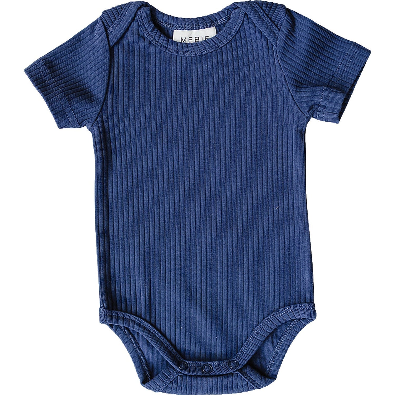 Navy ribbed baby bodysuit with snap closure, shown flat.