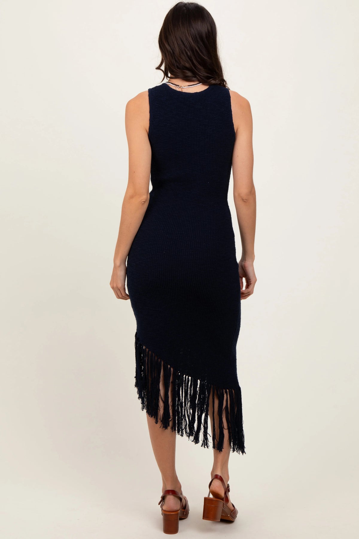 PinkBlush Navy Ribbed Knit Fringe Asymmetrical Hem Dress - 