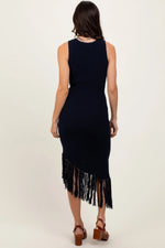 PinkBlush Navy Ribbed Knit Fringe Asymmetrical Hem Dress - 