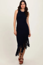 PinkBlush Navy Ribbed Knit Fringe Asymmetrical Hem Dress - 