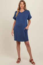 PinkBlush Navy Ribbed Rolled Cuff Maternity Dress - 