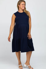 PinkBlush Luxurious Navy Ribbed Sleeveless Plus Maternity Midi Dress for Expecting Moms - Apparel & Accessories > Clothing > Maternity Clothing > Maternity Dresses Apparel & Accessories > Clothing > Dresses
