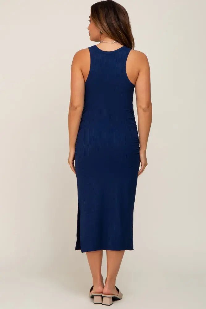 PinkBlush Navy Ribbed Sleeveless Ruched Side Slit Maternity Midi Dress - 