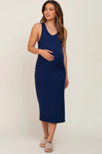 PinkBlush Navy Ribbed Sleeveless Ruched Side Slit Maternity Midi Dress - 