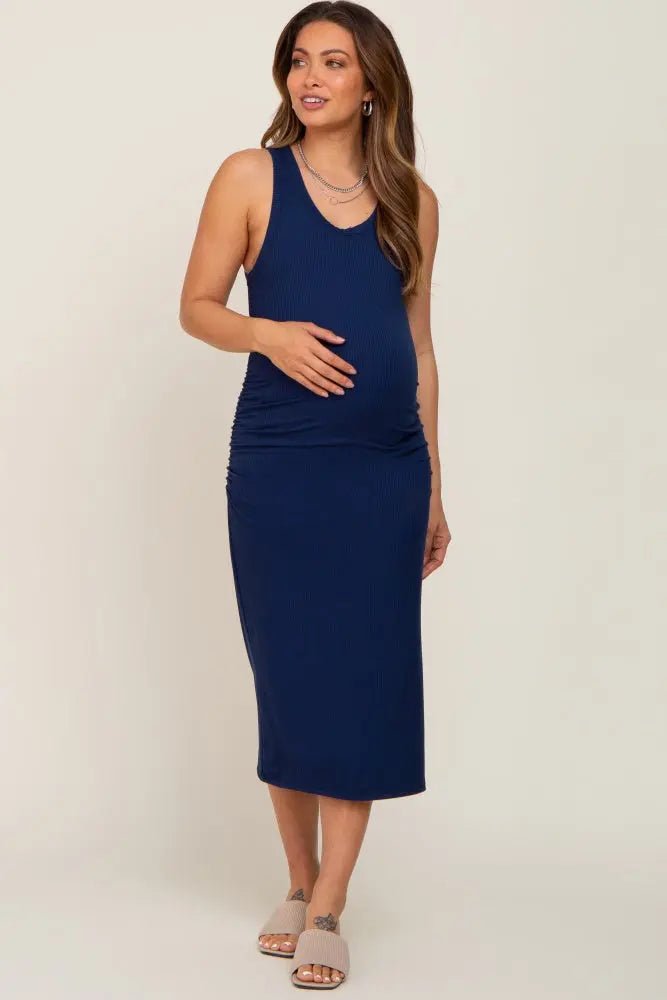 PinkBlush Navy Ribbed Sleeveless Ruched Side Slit Maternity Midi Dress - 