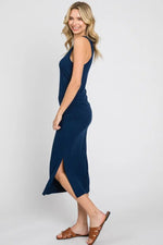 PinkBlush Navy Ribbed Sleeveless Ruched Side Slit Midi Dress - 