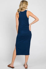 PinkBlush Navy Ribbed Sleeveless Ruched Side Slit Midi Dress - 