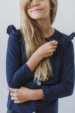 Navy Ruffle Cardigan - Brown hair, Child, Portrait photography, Photo shoot, Portrait | Everetts Place