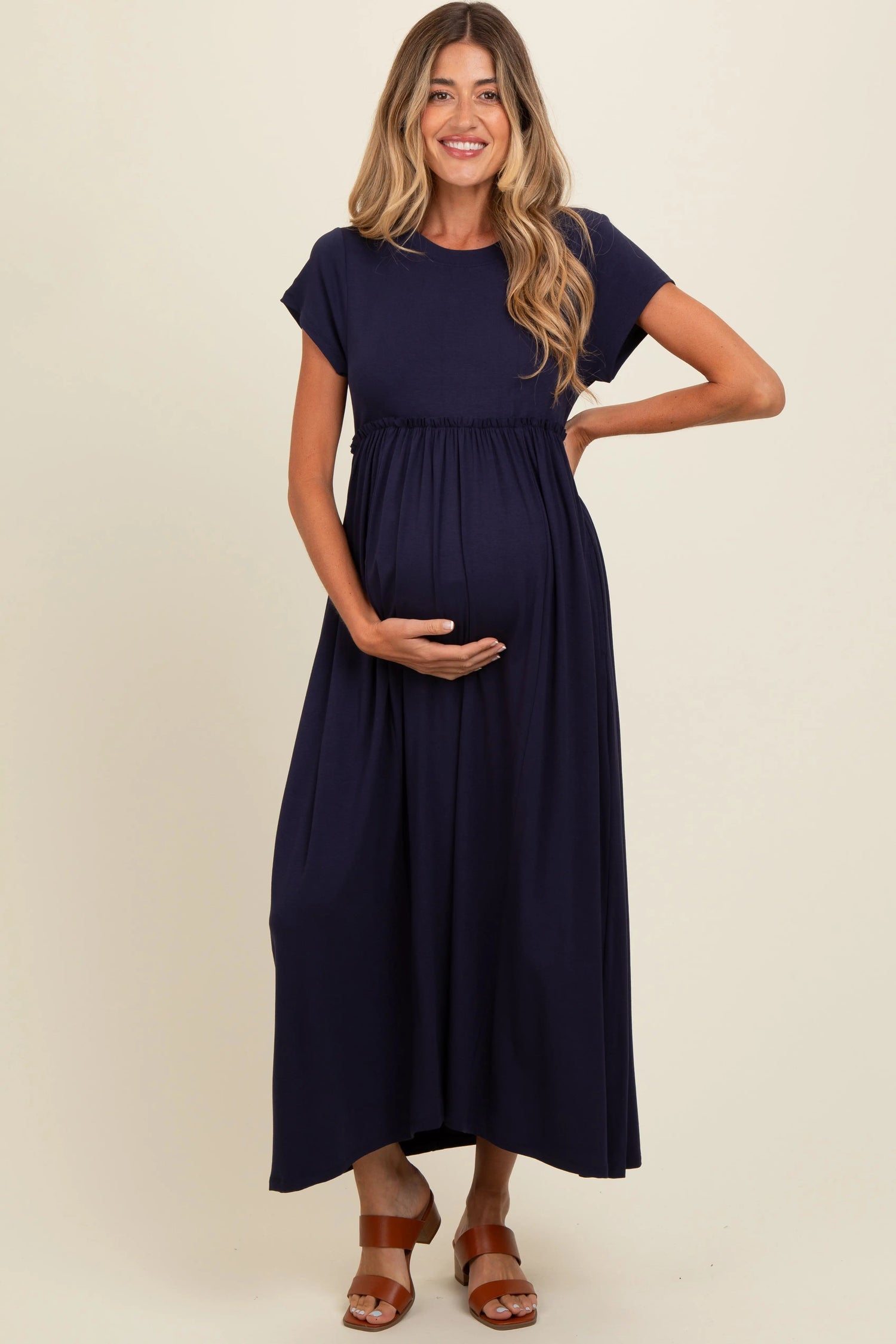 Navy Ruffle Trim Maternity Maxi Dress PinkBlush 
