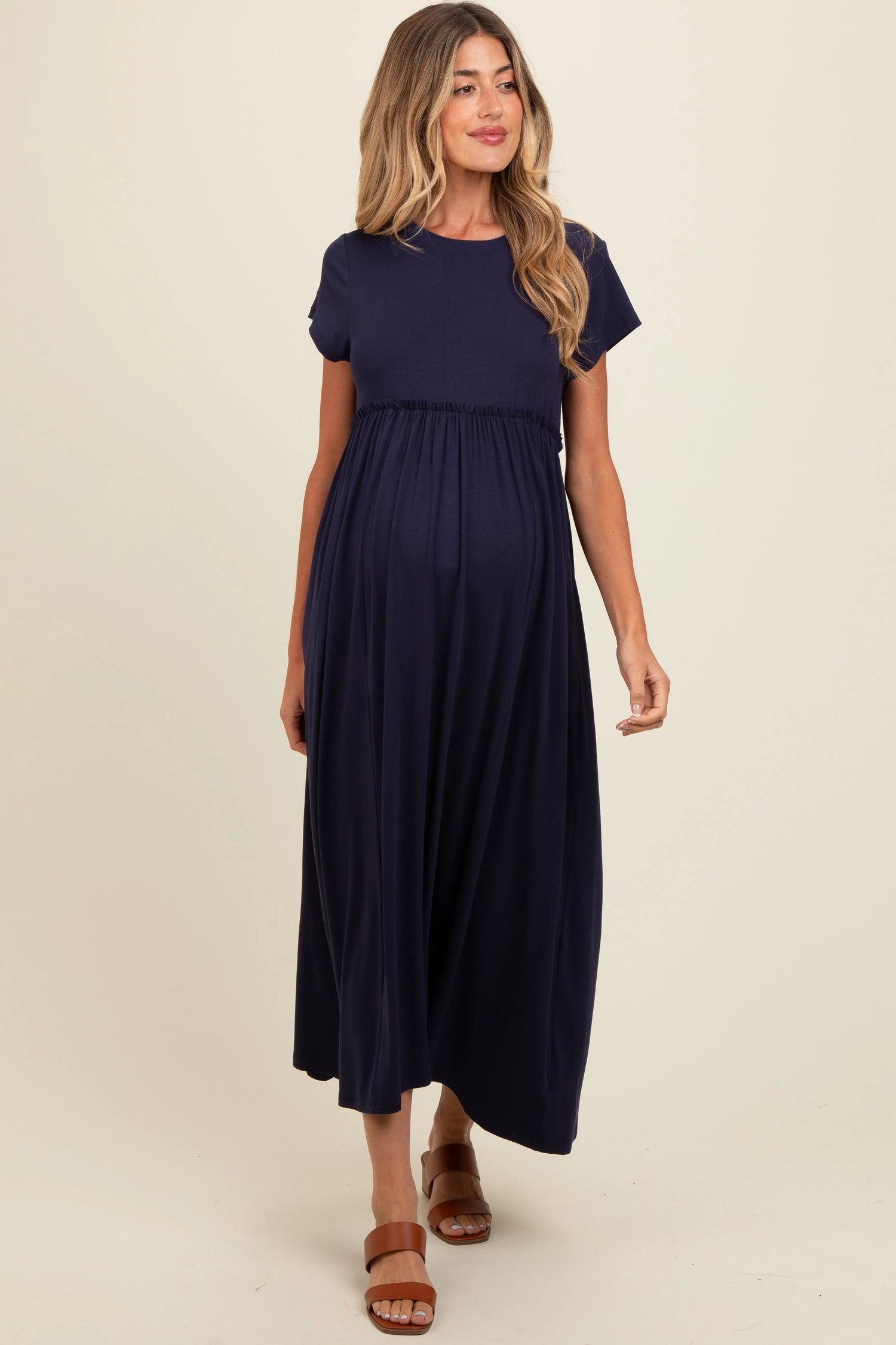 Navy Ruffle Trim Maternity Maxi Dress PinkBlush 