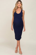 PinkBlush Navy Sleeveless Fitted Ruched Maternity Dress with Rounded Neckline for Expecting Mothers - 