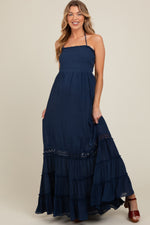 Navy Smocked Open Back Maternity Maxi Dress - Hardwood, Person, Dress, High heels, Sandal | Everetts Place