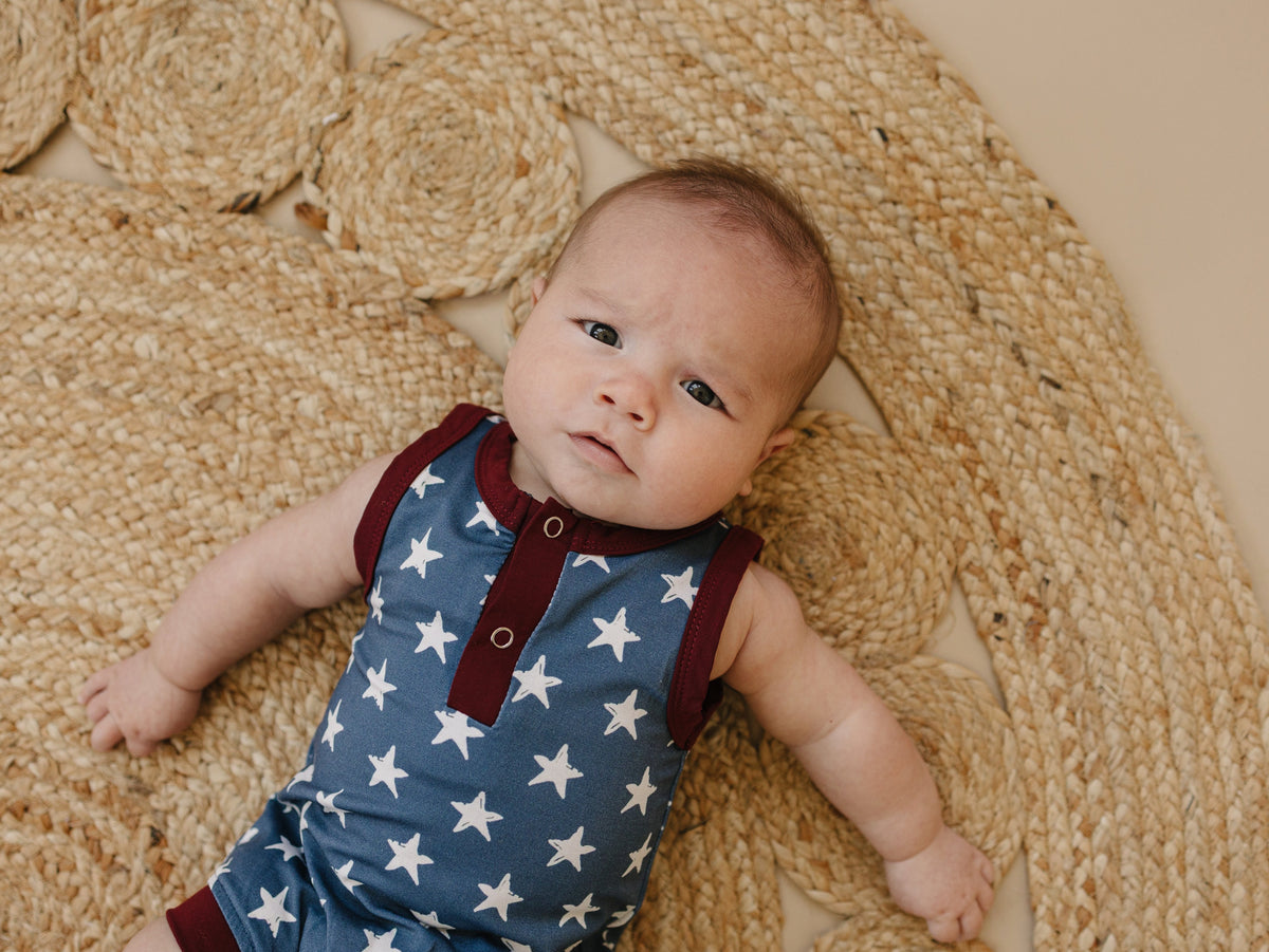 Little Joy Co. Navy Stars Henley Bamboo Romper
