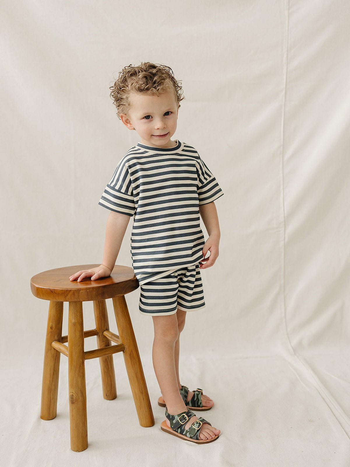 Mebie Baby Navy Stripe Button Short Set - 