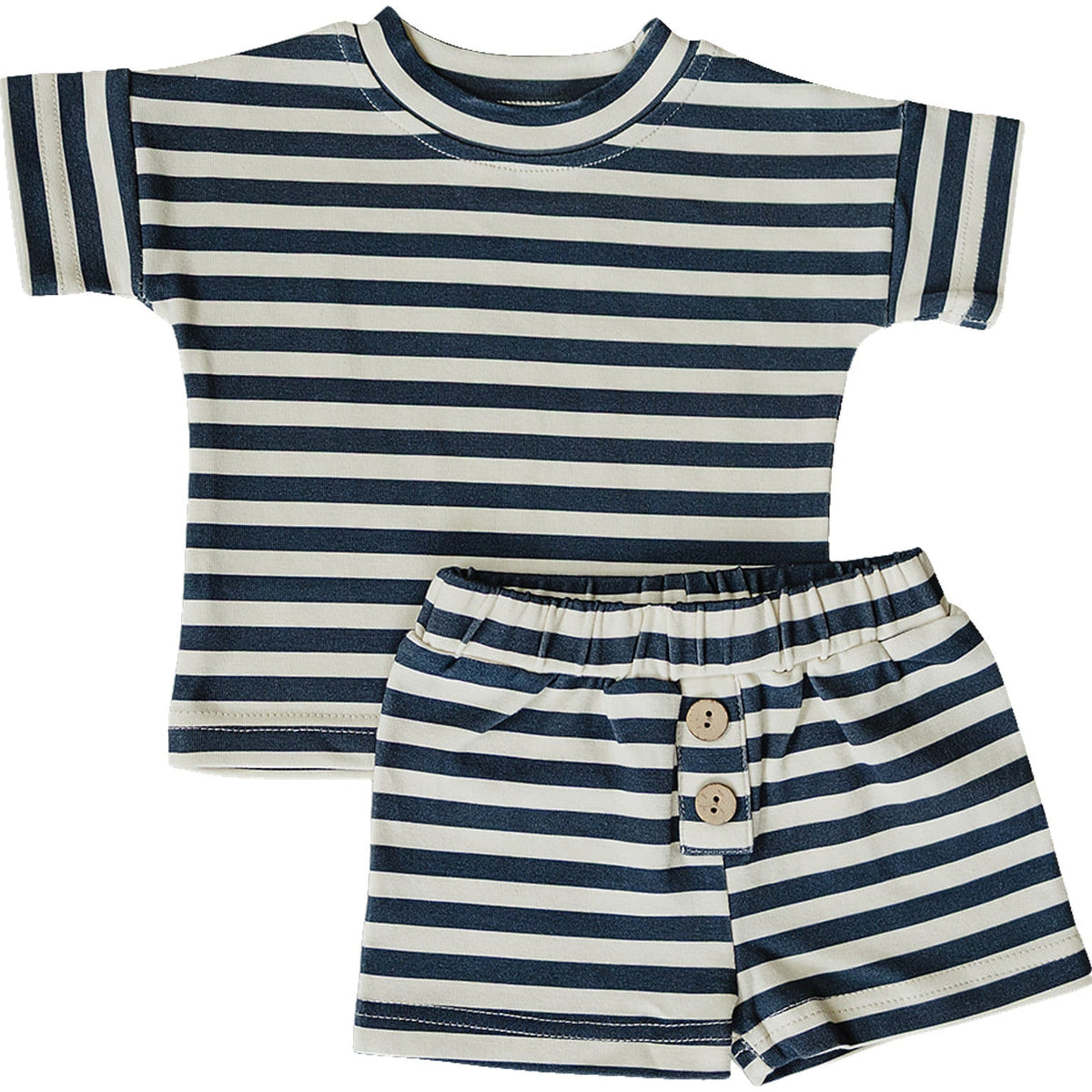 Navy Stripe Button Short Set - Sleeve, Baby & Toddler Clothing, White, Nightwear, Active Shorts | Everetts Place