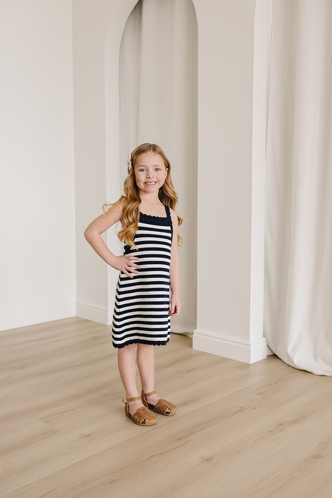 Mebie Baby Navy Stripe Knit Dress With Scallop Edges By Mebie Baby - 