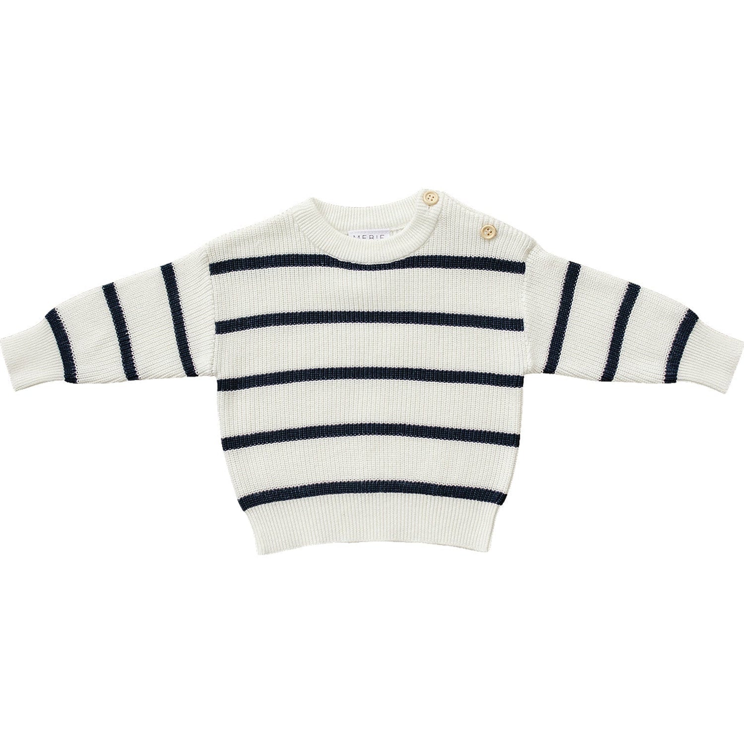 Baby sweater in navy and white stripes with a lightweight knit and relaxed fit