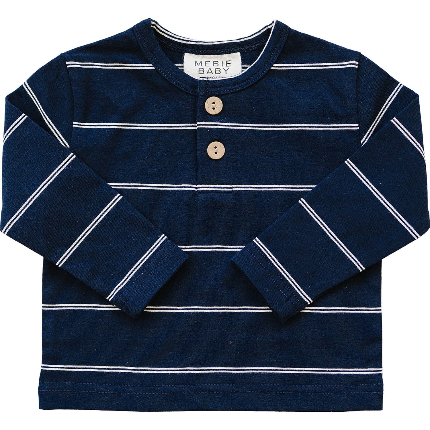 Navy and white striped long sleeve baby tee with a two-button front placket.